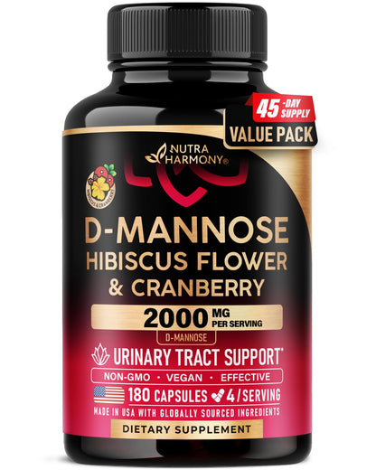 D-Mannose 2000mg with Cranberry & Hibiscus - Clinically Tested Strength for Urinary Tract Health - Supplement for Women - Bladder, Liver & Microflora Support - Lab Tested - Vegan, 120 Capsules