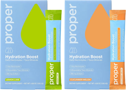 Proper Hydration Sticks – Electrolyte Powder Drink Mix Packets with Trace Minerals for Rapid Hydration + No Artificial Sweeteners – Cucumber Melon