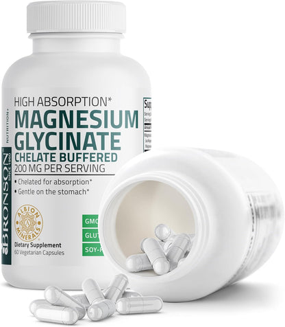Bronson Magnesium Glycinate 200 MG Chelated High Absorption, 60 Capsules | Stress Relief, Sleep, Heart Health, Nerves, Muscles, and Metabolism Support, Vegetarian, Non-GMO, Gluten Free, Soy Free