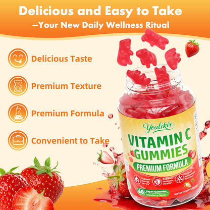 Vitamin C Gummies for Adults, Immune Support Supplement for Energy, 60 Ct | Antioxidant Protection, Non-GMO, Vegan, Sugar-Free, Strawberry Flavor