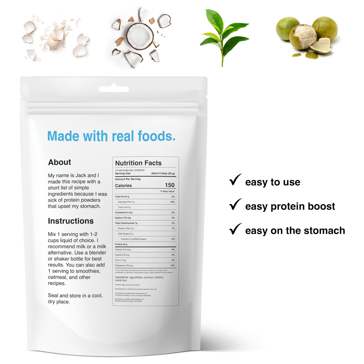 drink wholesome Matcha Egg White Protein Powder | for Sensitive Stomachs | Easy to Dige