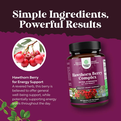 High Strength Hawthorn Berry Capsules - Pure Antioxidant Hawthorn Berry Supplement with Leaf & Flower Extract 4:1 for Healthy Heart & Digestion - Energy Support for Men & Women - 120 Count Pack