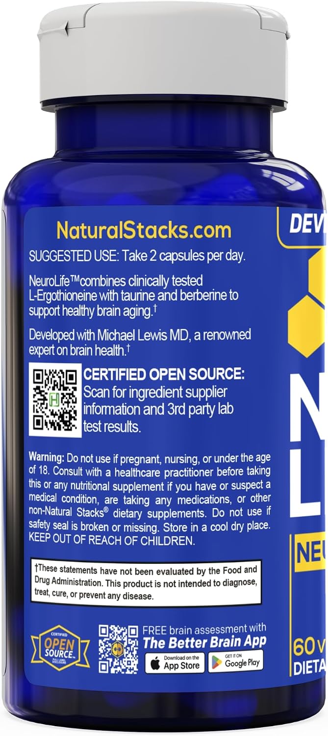 NeuroLife Longevity Supplement With Taurine And Berberine, 60 Capsules | 500mg taurine, 400mg berberine and MitoPrime L-Ergothioneine support cellular health and cognitive vitality.