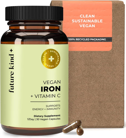 Future Kind Iron Supplement for Women and Men, Daily Energy & Focus, Chelated Iron Bisglycinate, 18mg 100% DV with Vitamin C for Absorption - Gentle on Stomach, Non-GMO Vegan Capsules, 30 Day Supply