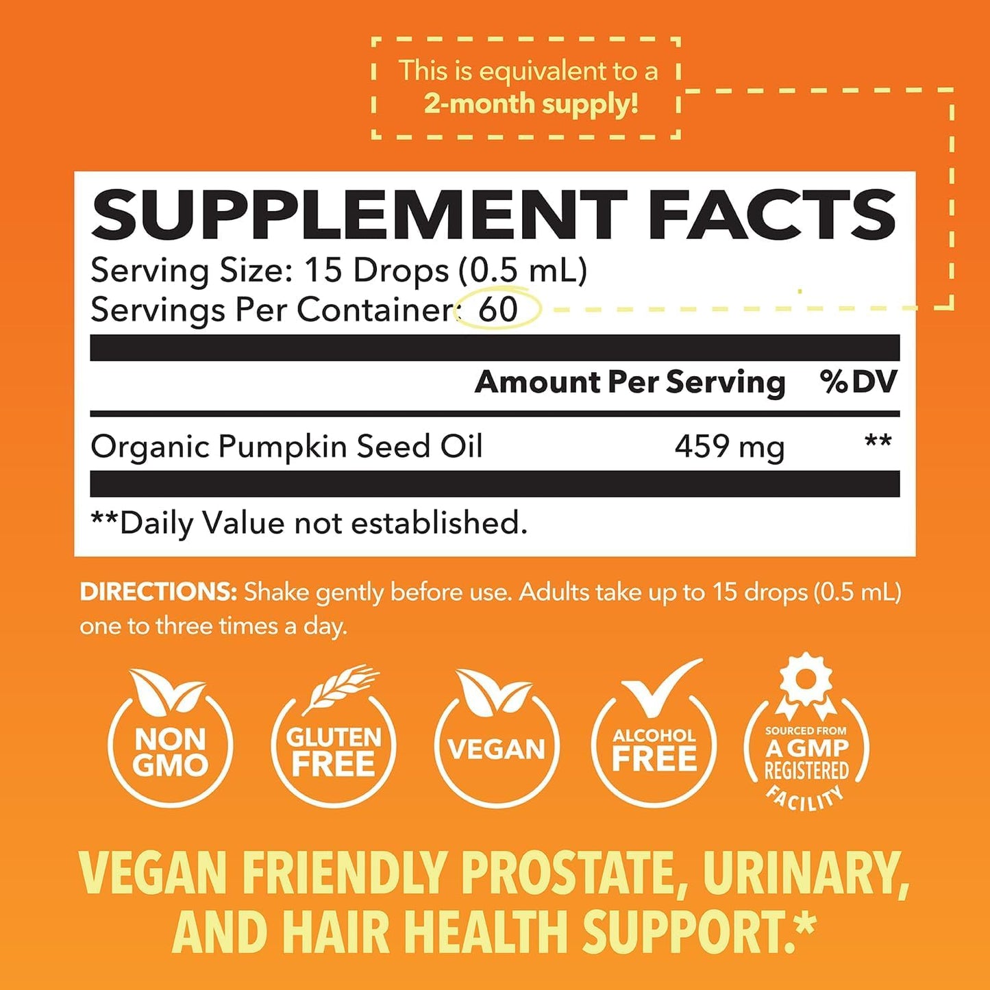 Organic Pumpkin Seed Oil Cold-Pressed, USDA Certified, Unflavored, 1 Fl Oz | Vegan, Non-GMO Pumpkin Seed Liquid Drops for Men and Women, Hair Health, Hormone Balance, and Prostate Health, 2-Month Supply