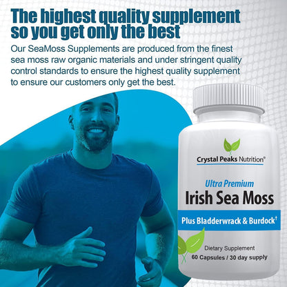 Organic Sea Moss Supplements with Bladderwrack and Burdock Root. Pure Sea Moss Supplement, Vegan, No Fillers, 60 SeaMoss Capsules with BioPerine for Maximum Benefit