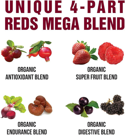 Peak Performance Organic Reds Superfood Powder, Best Tasting Red Juice Super Food w/ 25+ All Natural Ingredients & Polyphenols, Vital for Max Energy and Detox - Raspberry, Elderberry, Beetroot
