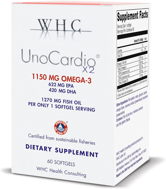 WHC, UnoCardio X2 Fish Oil, Triglyceride Omega-3 Fatty acids, 1270 mg Fish Oil Supplement (622 mg EPA / 420 mg DHA/Total 1150 mg of Omega-3 per Serving), Natural Orange, 60 softgels