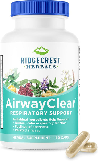 RidgeCrest Herbals AirwayClear Natural Lung and Breathing Support 60 Ct | 30 Servings, Gluten Free, Vegan Capsules, Schisandra Fruit, Cassia Bark, Ginger Root, Sinus, Mucus and Immune Wellness