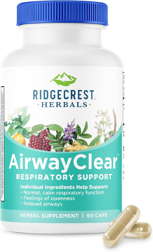 RidgeCrest Herbals AirwayClear Natural Lung and Breathing Support 60 Ct | 30 Servings, Gluten Free, Vegan Capsules, Schisandra Fruit, Cassia Bark, Ginger Root, Sinus, Mucus and Immune Wellness