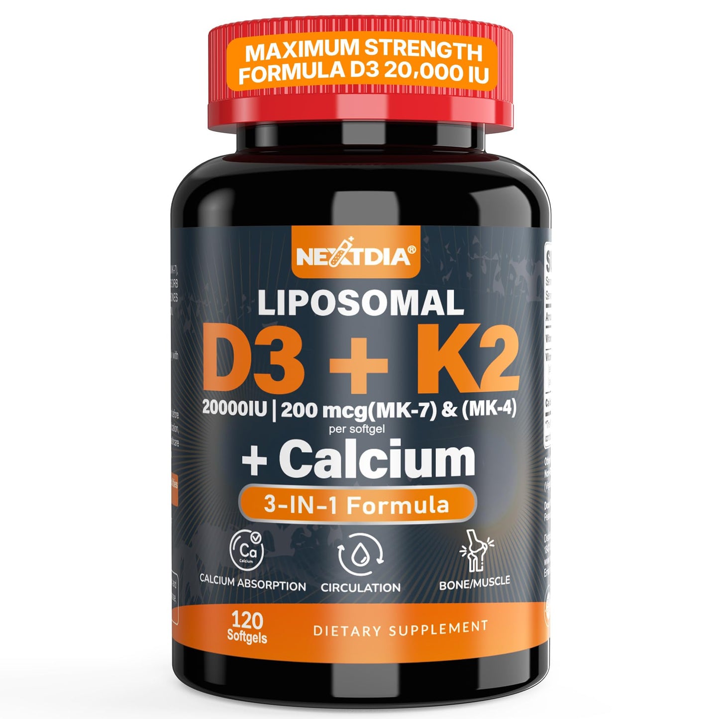 Vitamin D3 20,000 IU + K2 Vitamin (MK4 & MK7) 200mcg + Calcium Citrate, Optimal Vitamin D3 K2 Softgel - Strong Bone & Muscle, Calcium Absorption, Helping Vitamin D Deficiencies, Easy to Swallow, 2Pack