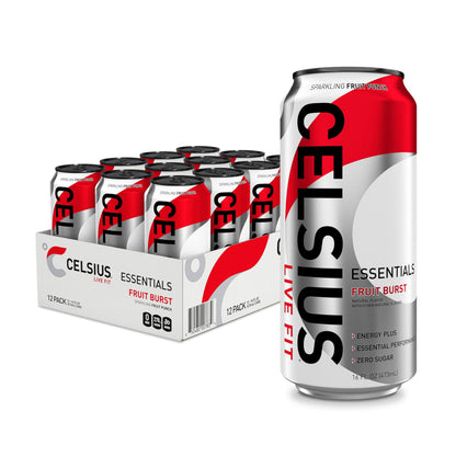 CELSIUS ESSENTIALS, Sparkling Fruit Burst, Performance Energy Drink 16 Fl Oz (Pack of 12)