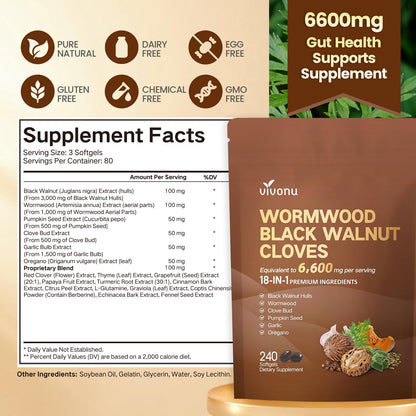 VivoNu 18-in-1 Black Walnut Wormwood, Rapid Gut Cleanse & Digestive Health with Clove, Garlic, Turmeric, Pumpkin Seed, Oregano, Berberine & More, 2 Bag