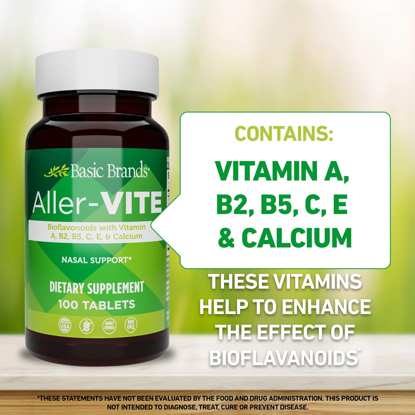 Basic Brands Aller Vite Nasal Support Tablets, 100 Tablets | Seasonal Allergy Relief, High Bioflavonoid Complex with Vitamins and Calcium, Gluten Free, Daily Supplement