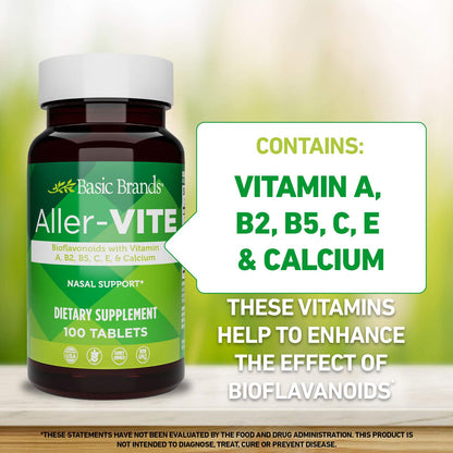 Basic Brands Aller Vite Nasal Support Tablets, 100 Tablets | Seasonal Allergy Relief, High Bioflavonoid Complex with Vitamins and Calcium, Gluten Free, Daily Supplement
