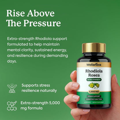 Rhodiola Rosea Supplement Capsules - Extra Strength 10:1 Root Extract 500 mg Equivalent to 5,000 mg Whole Rhodiola - Adaptogenic Herb for Stress Support & Cognitive Function - 60 Capsules