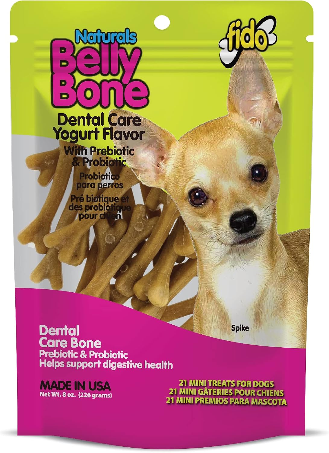 Fido Belly Bones for Dogs, Mini - 21 Count - Yogurt-Flavor Dental Treats for Small Dogs - Plaque & Tartar Control for Fresh Breath - Digestive Support - Made in USA