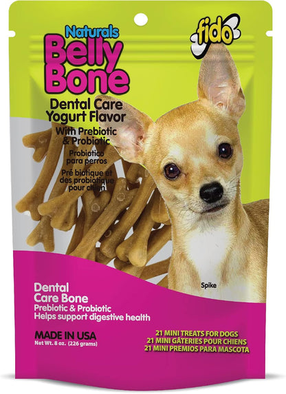 Fido Belly Bones for Dogs, Mini - 21 Count - Yogurt-Flavor Dental Treats for Small Dogs - Plaque & Tartar Control for Fresh Breath - Digestive Support - Made in USA