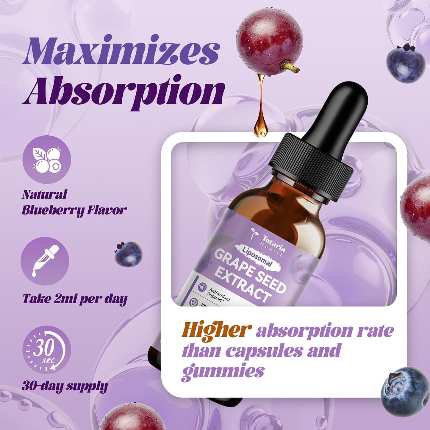Totaria Grape Seed Extract Liquid Drops | High Potency 95% Polyphenols Antioxidant Supplement for Skin, Heart & Immune Support | Vegan, Gluten Free | Alcohol-Free & Non-GMO | 2FL