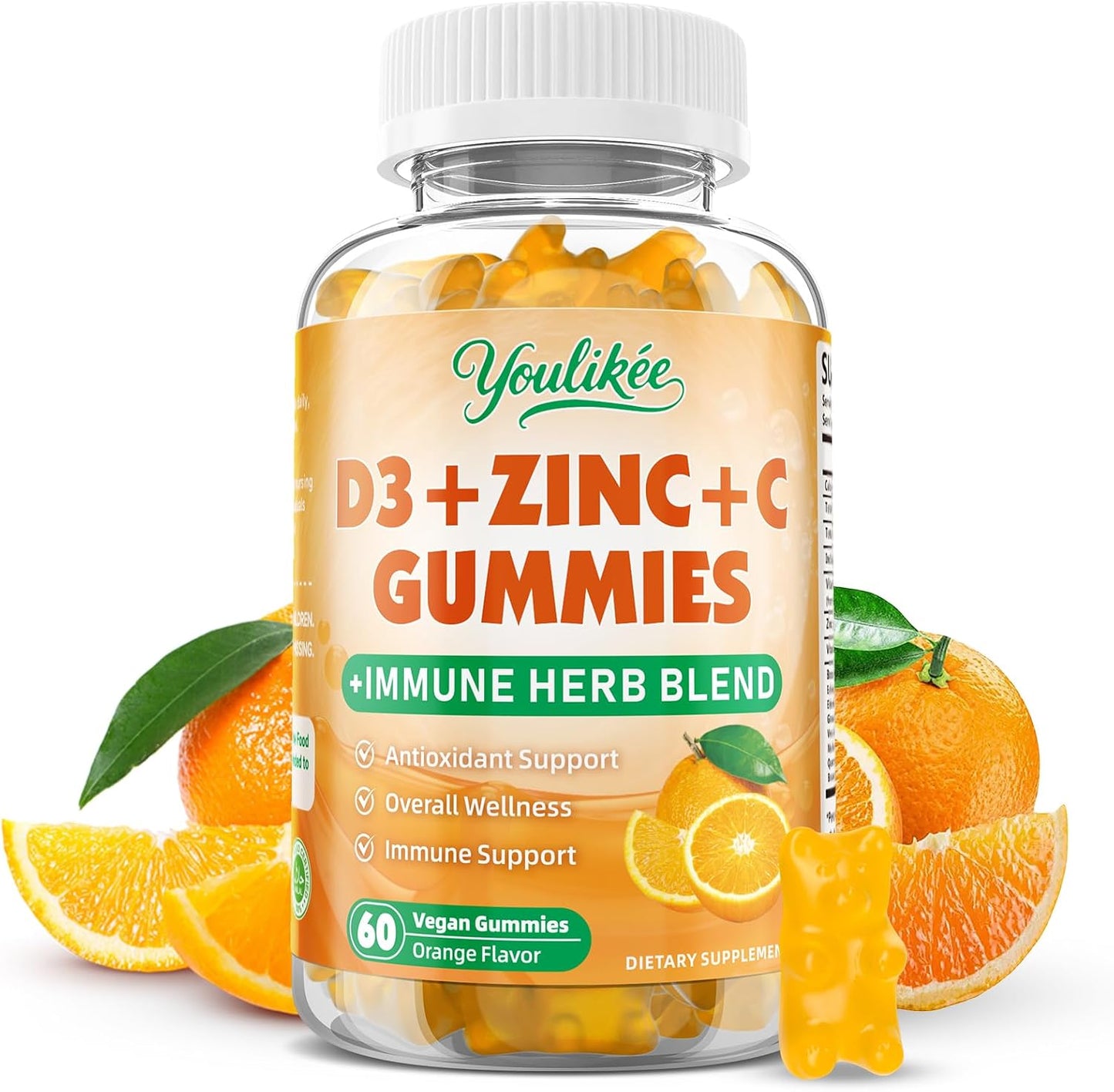 Vitamin C + D3 5000IU + Zinc Gummies for Adults, Orange Flavor, 60 Count | Immune Support supplement with Elderberry, Echinacea & Mullein Leaf - Antioxidant Support, Sugar Free