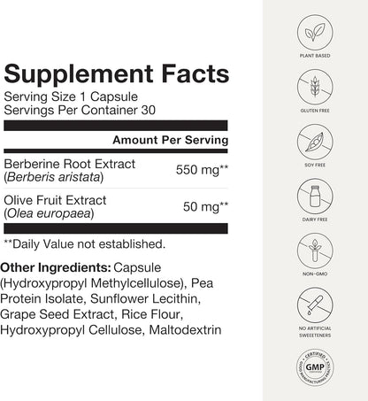 Humann SuperBerine Berberine Supplements, Healthy Metabolism & Blood Sugar Support - Clinically Researched Ingredient - High Absorbency, Concentrated Dose Formula with Olive Leaf Extract - 30 Capsules
