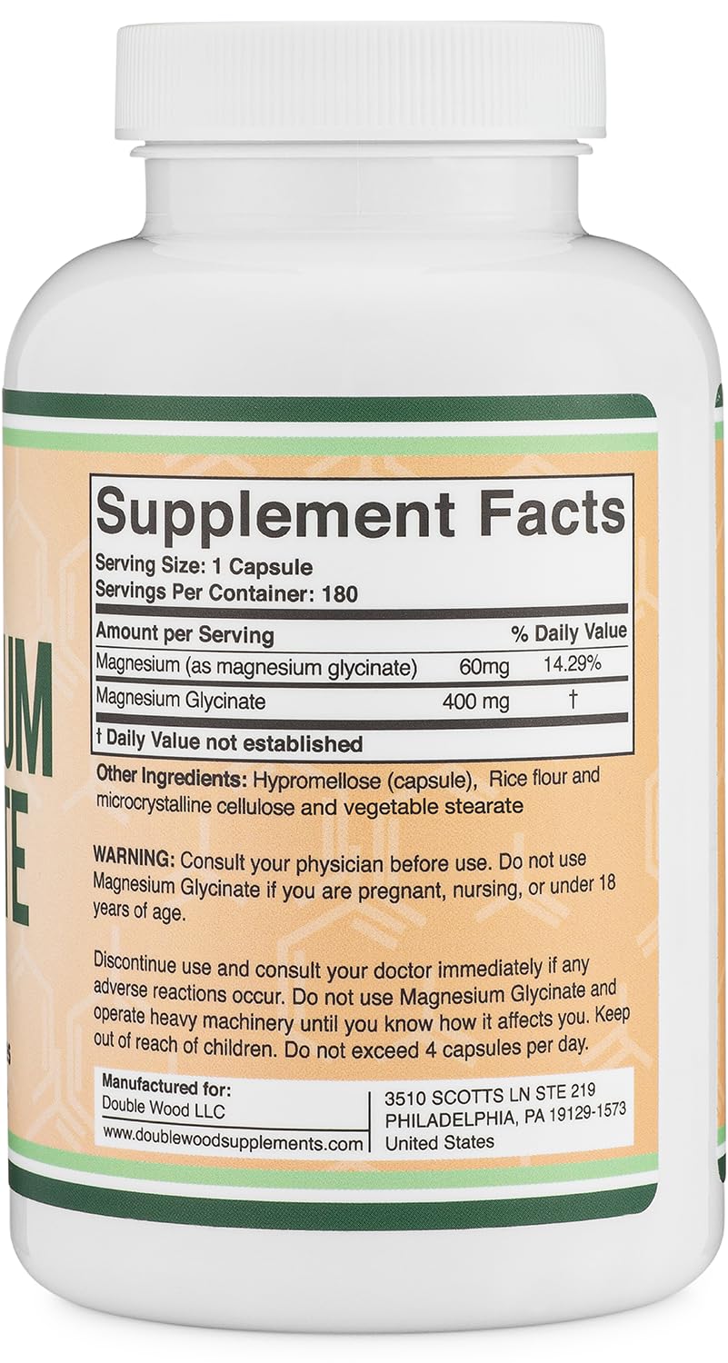 Magnesium Glycinate 400mg | 180 Capsules | Sleep, Muscle, & Heart Support | Vegan, Third Party Tested, Gluten Free, Non-GMO, by Double Wood Supplements