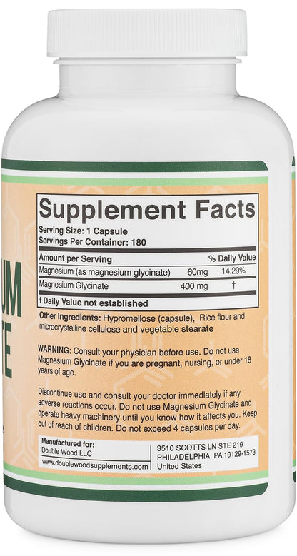 Magnesium Glycinate 400mg | 180 Capsules | Sleep, Muscle, & Heart Support | Vegan, Third Party Tested, Gluten Free, Non-GMO, by Double Wood Supplements