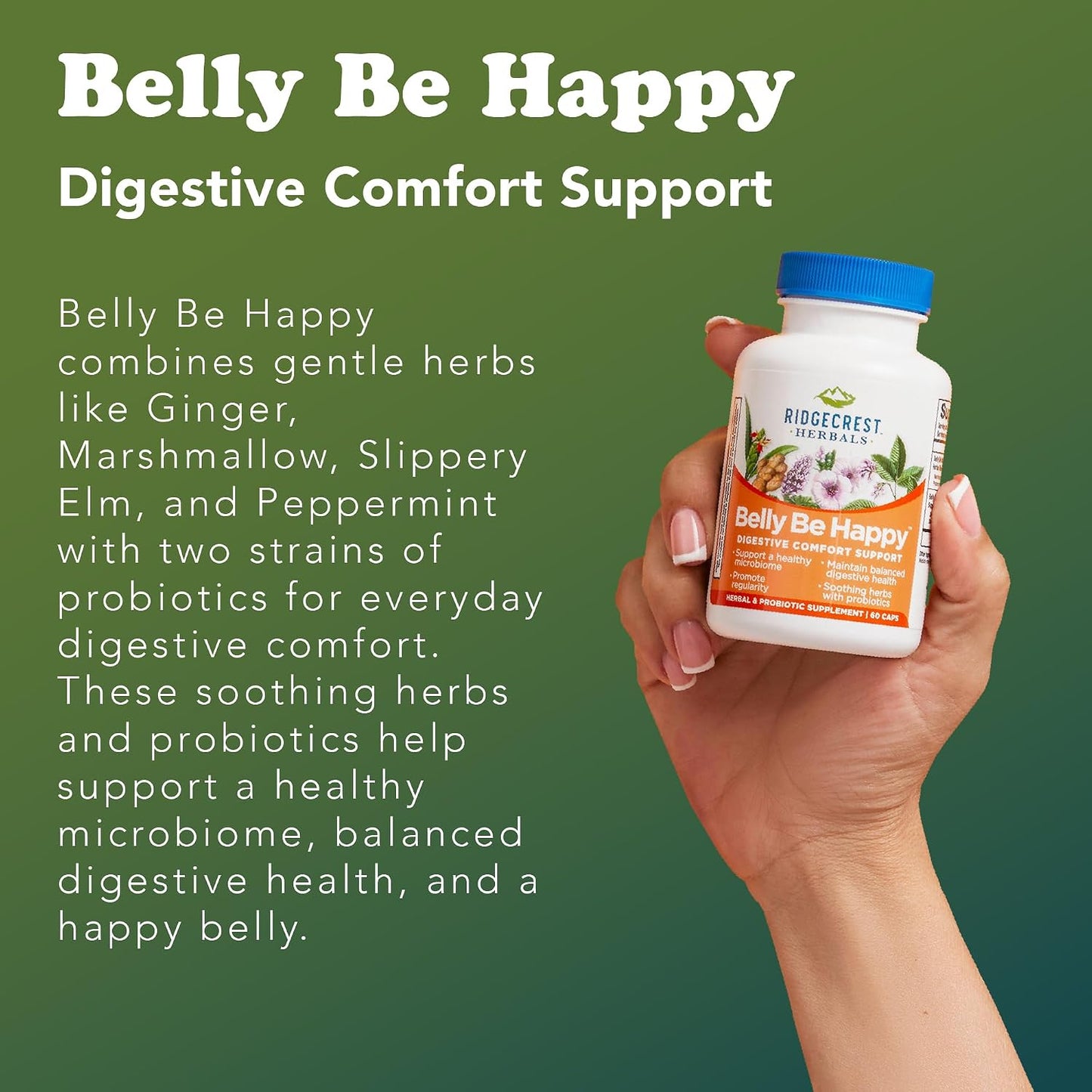 RidgeCrest Herbals Belly Be Happy Probiotic Gut Health Formula 60 Ct | 30 Servings, 4 Billion CFUs, Ginger Root, Peppermint, Slippery Elm, Daily Digestive Comfort and Gut Wellness Blend