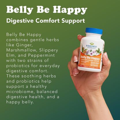 RidgeCrest Herbals Belly Be Happy Probiotic Gut Health Formula 60 Ct | 30 Servings, 4 Billion CFUs, Ginger Root, Peppermint, Slippery Elm, Daily Digestive Comfort and Gut Wellness Blend