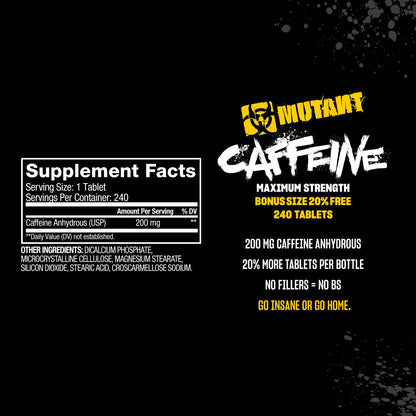 Mutant Caffeine Pills – Pharmaceutical-Grade Pure Caffeine Supplement for Boosting Energy, Focus, Mental Alertness, Performance, & Endurance – Reduces Fatigue & Restores Wakefulness – 240 Tablets