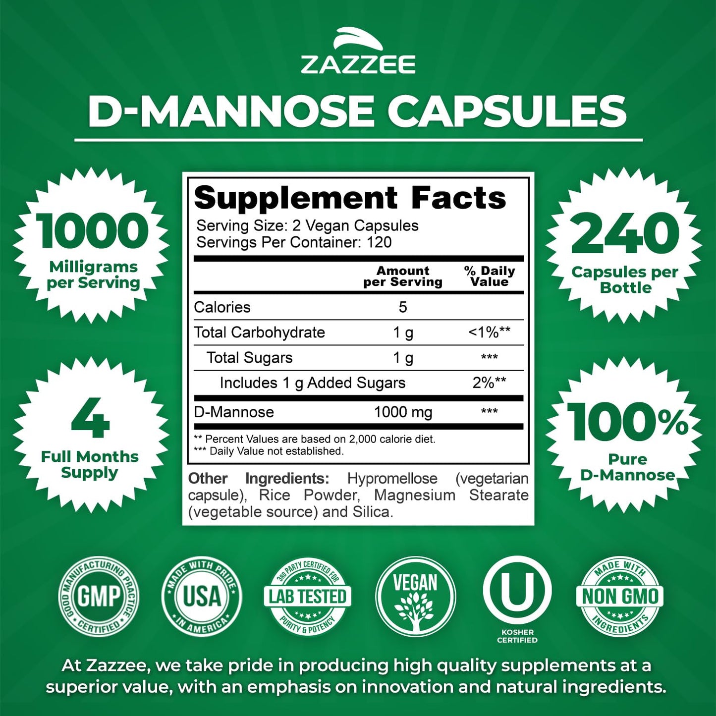Zazzee D-Mannose, 1000 mg per Serving, 180 Vegan Capsules, 3 Month Supply, Potent & Fast-Acting, Certified Kosher, 100% Pure, All-Natural Urinary Tract Health Support, 100% Vegetarian, Non-GMO