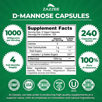 Zazzee D-Mannose, 1000 mg per Serving, 180 Vegan Capsules, 3 Month Supply, Potent & Fast-Acting, Certified Kosher, 100% Pure, All-Natural Urinary Tract Health Support, 100% Vegetarian, Non-GMO