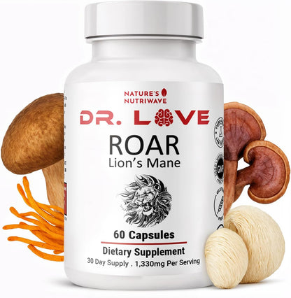 Dr. Love ROAR Lion's Mane – Cordyceps & Reishi – 60 Ct, 1 Month Supply | Also includes Lion's Mane with Cordyceps, Reishi & Shiitake | Vegan, Gluten-Free, GMP Certified, Made in USA