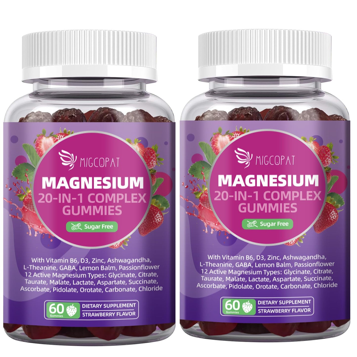 Migcopat Magnesium Complex 20 in 1 Magnesium Gummies with Glycinate Citrate Malate Taurate - Ashwagandha, L-Theanine, D3&Zinc for Relaxation, Sleep, Muscle&Heart Support, Strawberry, 60 Cts