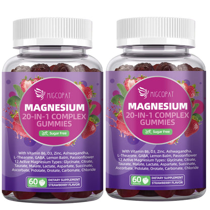 Migcopat Magnesium Complex 20 in 1 Magnesium Gummies with Glycinate Citrate Malate Taurate - Ashwagandha, L-Theanine, D3&Zinc for Relaxation, Sleep, Muscle&Heart Support, Strawberry, 60 Cts