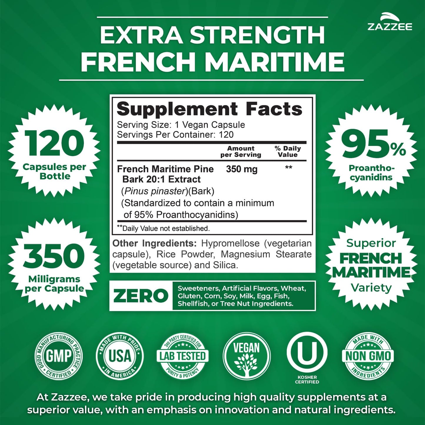 Zazzee Extra Strength French Maritime Pine Bark Extract 20:1, 350 mg Per Capsule, 95% Proanthocyanidins, 180 Vegan Capsules, 6 Month Supply, Certified Kosher, Antioxidant Support, Non-GMO, Made in USA