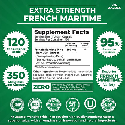 Zazzee Extra Strength French Maritime Pine Bark Extract 20:1, 350 mg Per Capsule, 95% Proanthocyanidins, 180 Vegan Capsules, 6 Month Supply, Certified Kosher, Antioxidant Support, Non-GMO, Made in USA