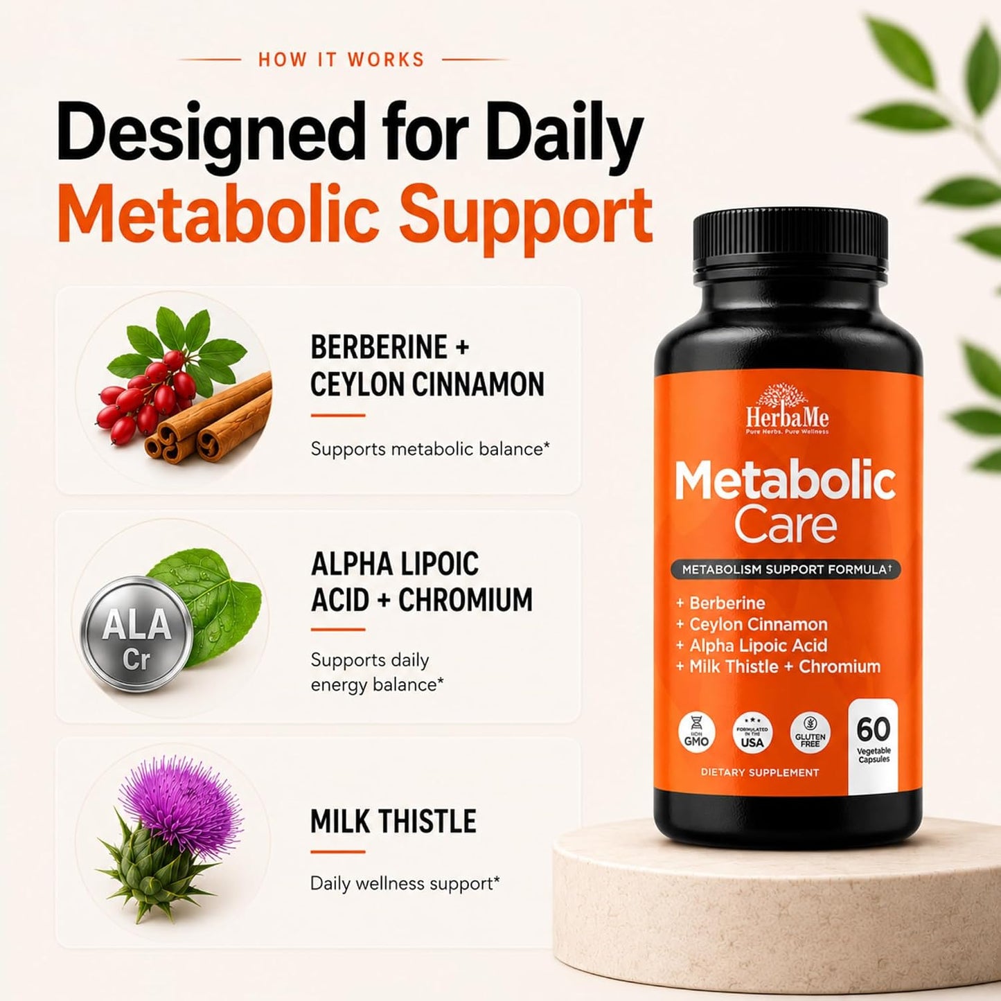 HerbaMe Berberine Supplement with Ceylon Cinnamon, Chromium, Alpha Lipoic Acid, Metabolic Care Supports Metabolism & Cardiovascular Health and Immune System, Helps Maintain Steady Energy Levels