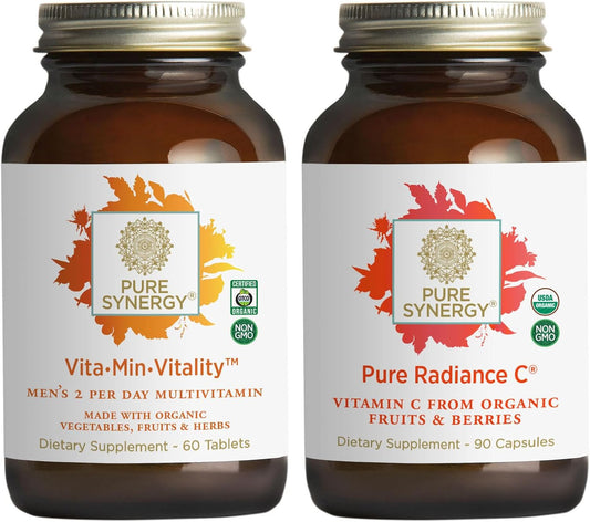 PURE SYNERGY Men’s Multivitamin, Stress, and Energy Essentials Bundle | Whole Food Multi with Adaptogens and Cordyceps | Natural Vitamin C Immune Supplement | Vegan, Non-GMO, and Organic Ingredients