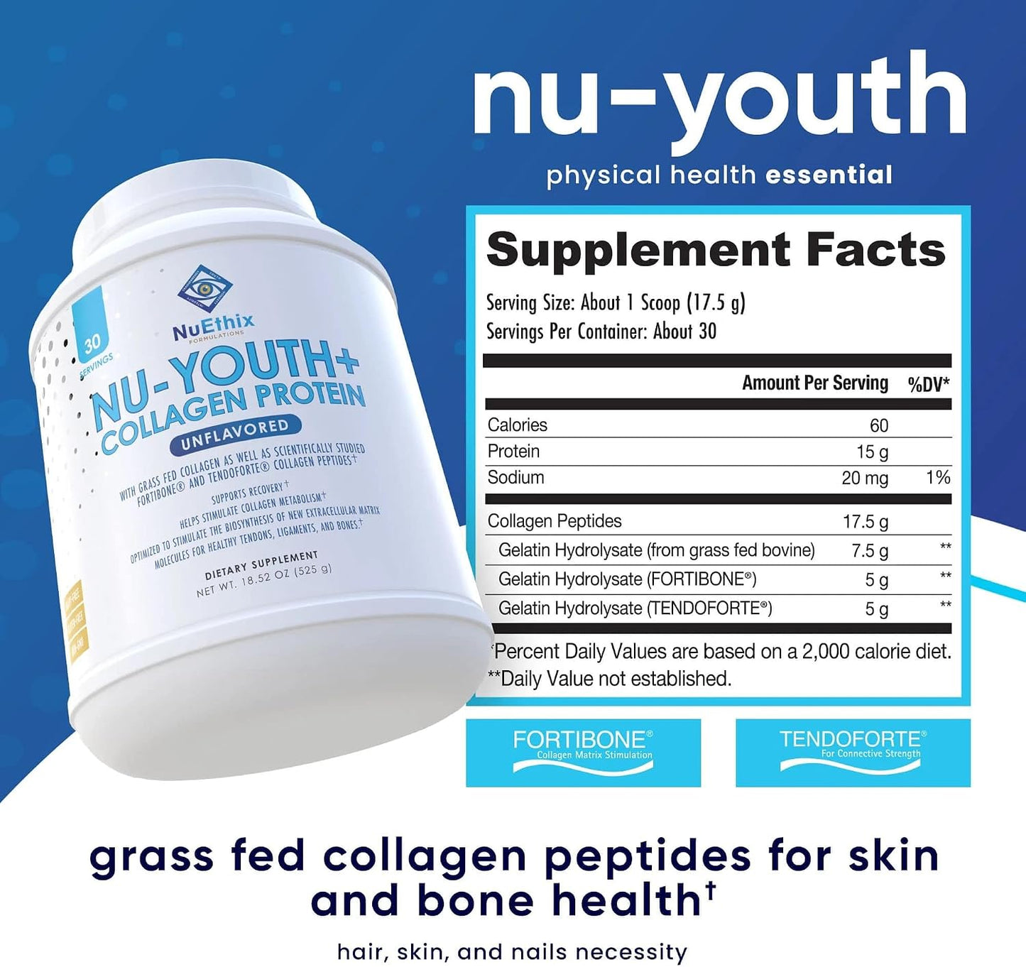 NuEthix Formulations Nu-Youth + Collagen Protein, Collagen Peptides, May Help Support Bones and Joints Dietary Supplement, 30 Servings