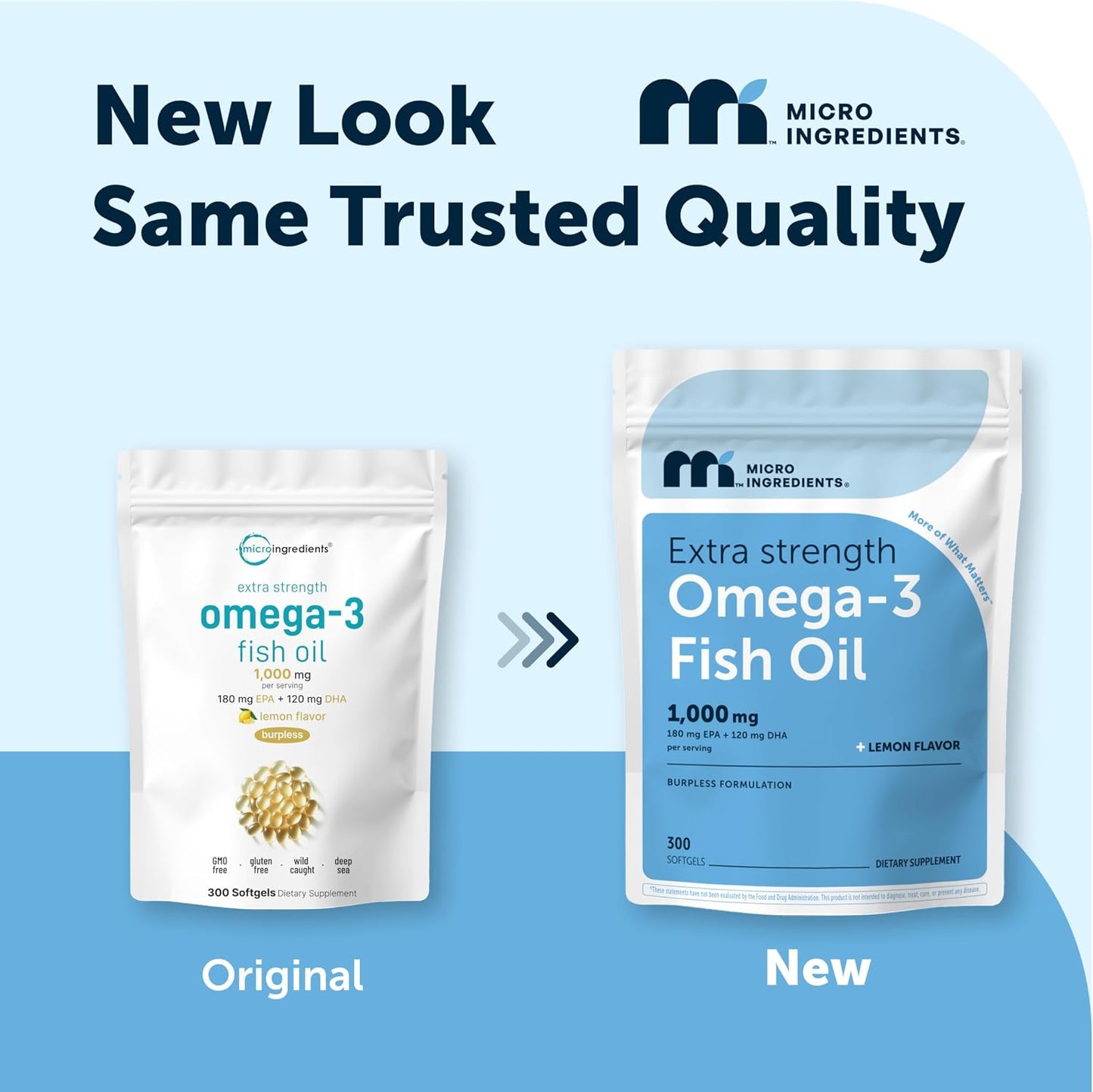 Micro Ingredients Extra Strength* Omega-3 Fish Oil Supplements 1,000mg Per Serving, 300 Softgels | Lemon Flavored | Burpless | EPA 180mg + DHA 120mg | Deep Sea Fish