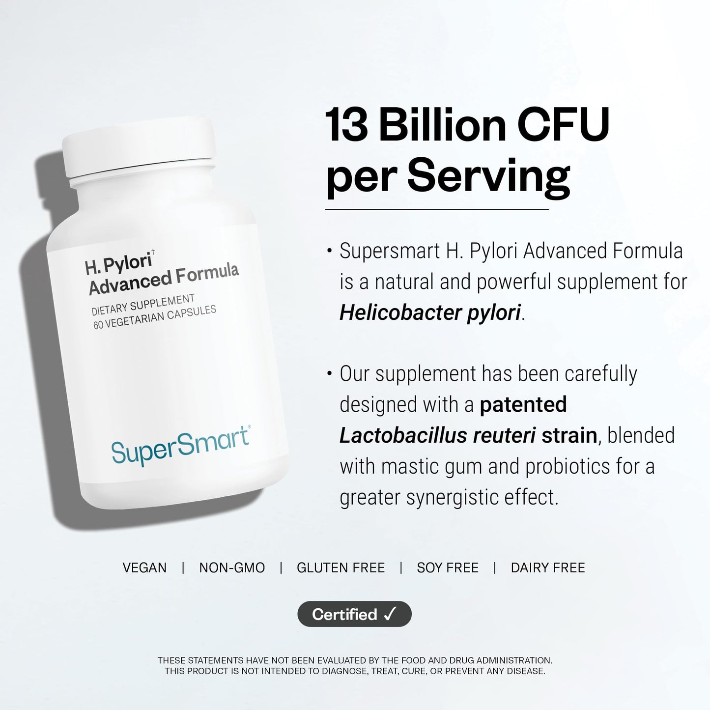 Supersmart H. Pylori Formula 20 Billion CFU per Day - Natural Probiotic Lactobacillus Reuteri DSM 17648 Supplement | Non-GMO & Gluten Free - 60 Vegetarian Capsules