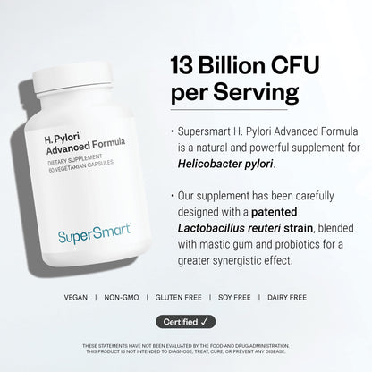 Supersmart H. Pylori Formula 20 Billion CFU per Day - Natural Probiotic Lactobacillus Reuteri DSM 17648 Supplement | Non-GMO & Gluten Free - 60 Vegetarian Capsules
