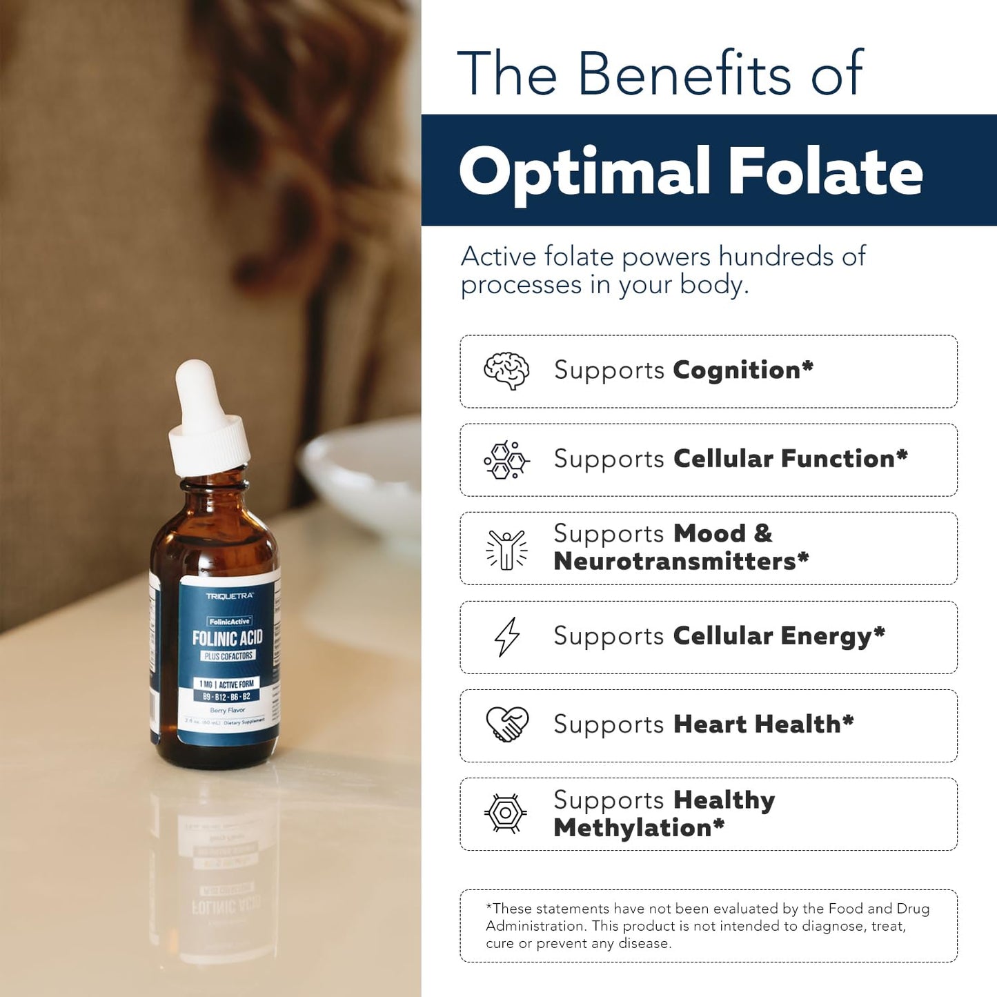 FolinicActive™ Organic Folinic Acid Liquid Drops for Brain, Heart, Nerve & Mood Support - 1700 mcg with B12, B6 & Riboflavin B2 - Tri-Cofactor Absorption System -Berry Flavor Drops, 1fl oz-60 Servings