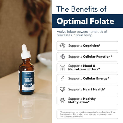 FolinicActive™ Organic Folinic Acid Liquid Drops for Brain, Heart, Nerve & Mood Support - 1700 mcg with B12, B6 & Riboflavin B2 - Tri-Cofactor Absorption System -Berry Flavor Drops, 1fl oz-60 Servings