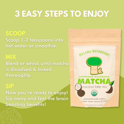 Malama Matcha Powder Duo Bundle – Ceremonial Grade Matcha Original & Coconut Latte Powders with Organic Lion’s Mane – Premium Japanese Green Tea | Organic, Gluten-Free & Vegan for Energy & Focus