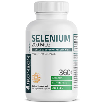 Bronson Selenium 200 mcg Albion Chelated Amino Acid Complex, 250 Capsules | Yeast-Free Essential Trace Mineral, Immune, Prostate & Metabolism Support, Vegetarian, Non-GMO, Gluten-Free & Soy-Free