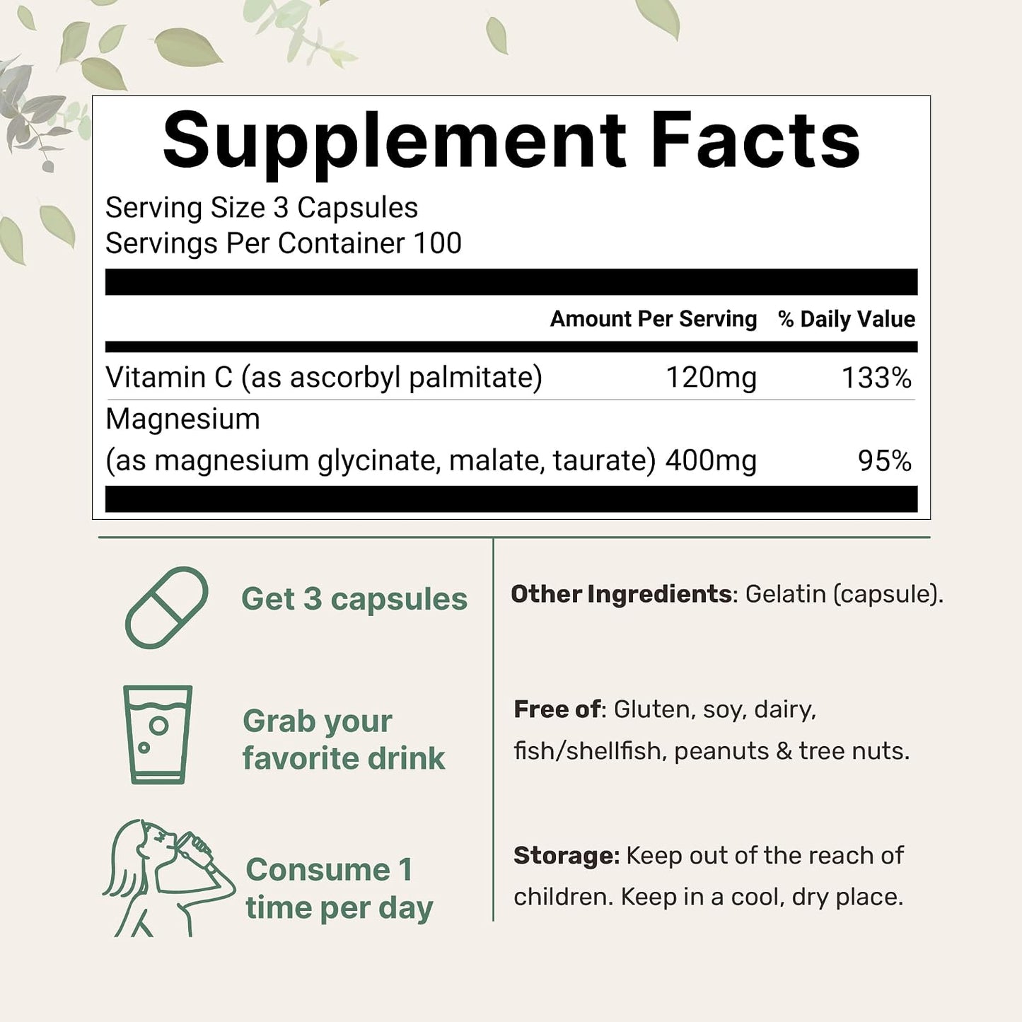 Micro Ingredients Pure Magnesium Complex, 300 Capsules | Triple Magnesium Glycinate, Malate, Taurate with Vitamin C | 100% Chelated | Supports Muscles, Nerves, & Energy | Only Active Ingredients