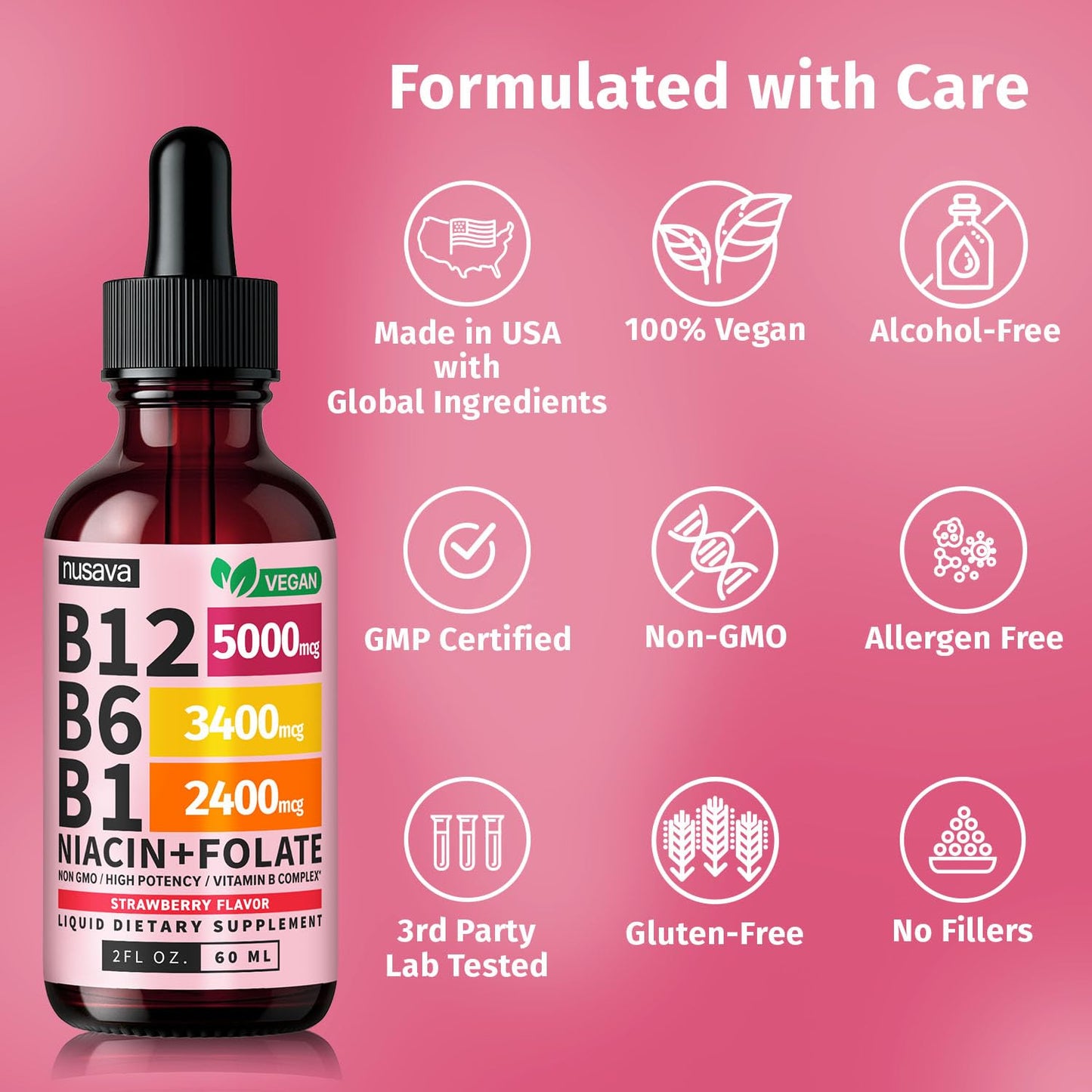 NUSAVA (2 Pack) Vitamin B12 Liquid Drops with B6, B1, Niacin & Folate — B12 Sublingual Vitamin B Complex, Methylcobalamin 5000 mcg, for Energy, Brain & Heart Support, Raspberry Flavor, 80 Servings