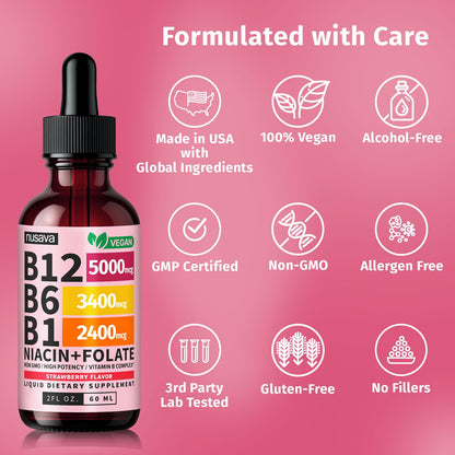 NUSAVA (2 Pack) Vitamin B12 Liquid Drops with B6, B1, Niacin & Folate — B12 Sublingual Vitamin B Complex, Methylcobalamin 5000 mcg, for Energy, Brain & Heart Support, Raspberry Flavor, 80 Servings